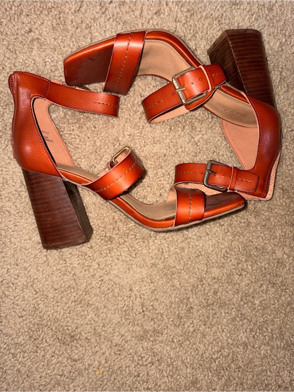 Ready for Summer-Madden Girl Brown Leather Block Heel Sandals with Ankle Buckles - Picture 4 of 7